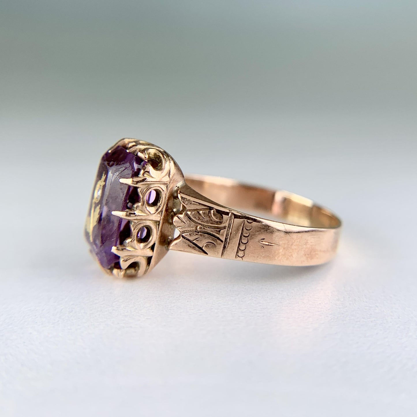 Antique Victorian Rose of Sharon Amethyst Diamond Ring 10k Gold