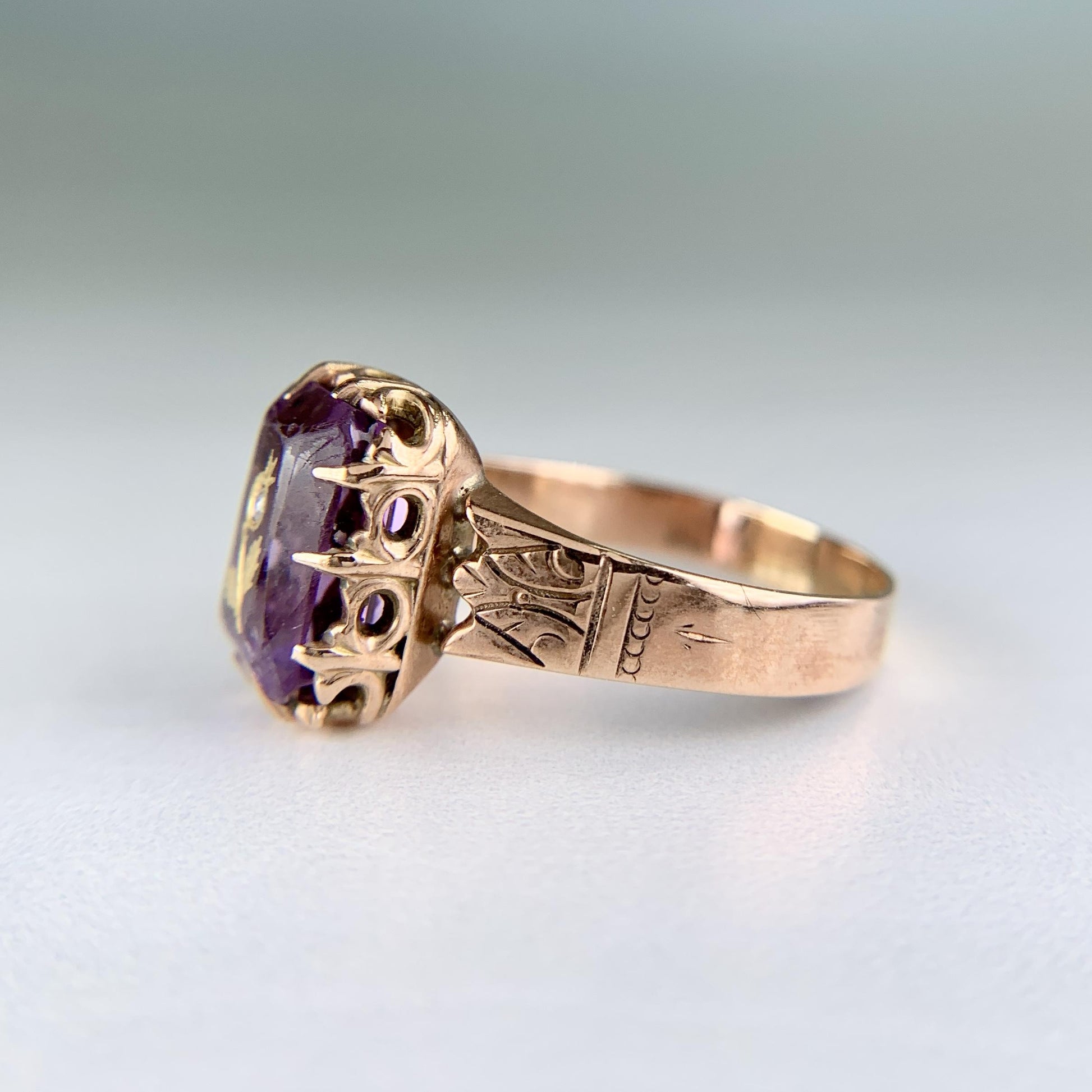 Antique Victorian Rose of Sharon Amethyst Diamond Ring 10k Gold