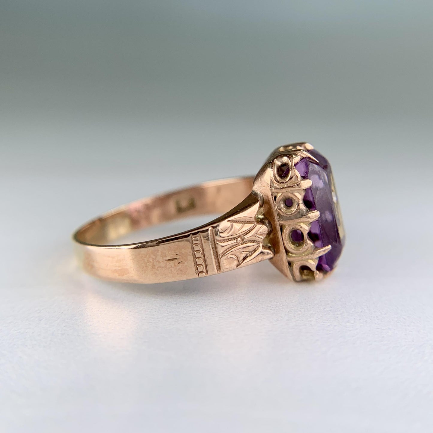 Antique Victorian Rose of Sharon Amethyst Diamond Ring 10k Gold