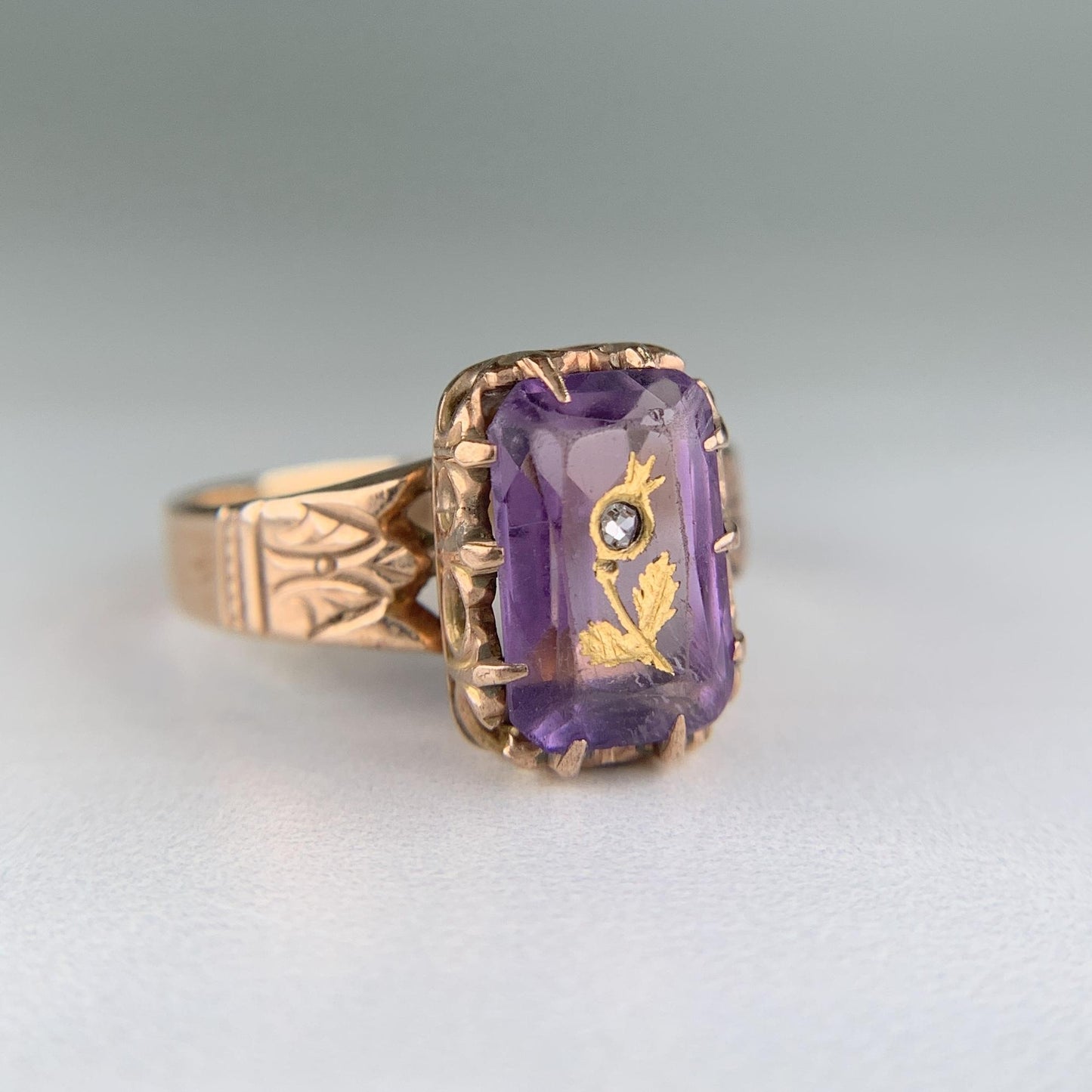 Antique Victorian Rose of Sharon Amethyst Diamond Ring 10k Gold