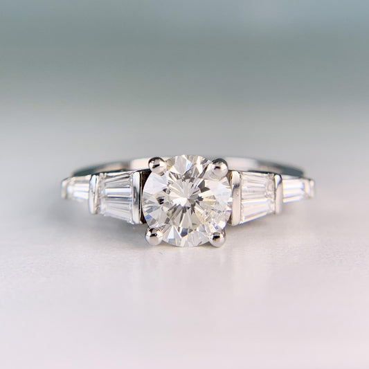 Round and Baguette Diamond Engagement Ring Platinum