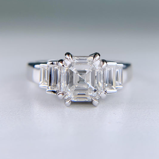 Square Emerald Cut and Baguette Diamond Engagement Ring Platinum