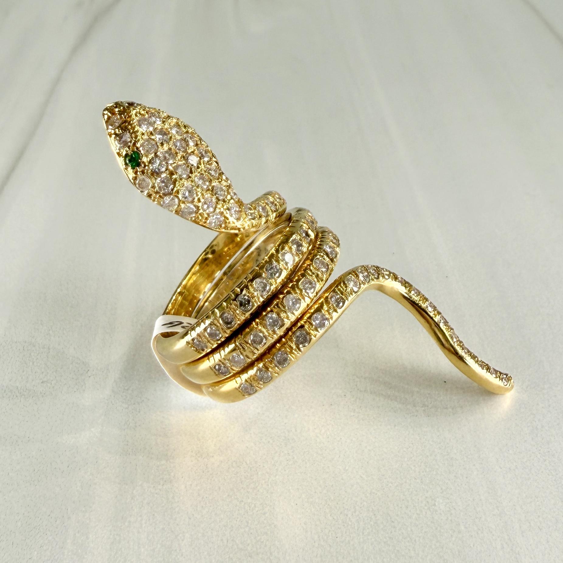 Diamond and Emerald Snake Ring 18k Yellow Gold