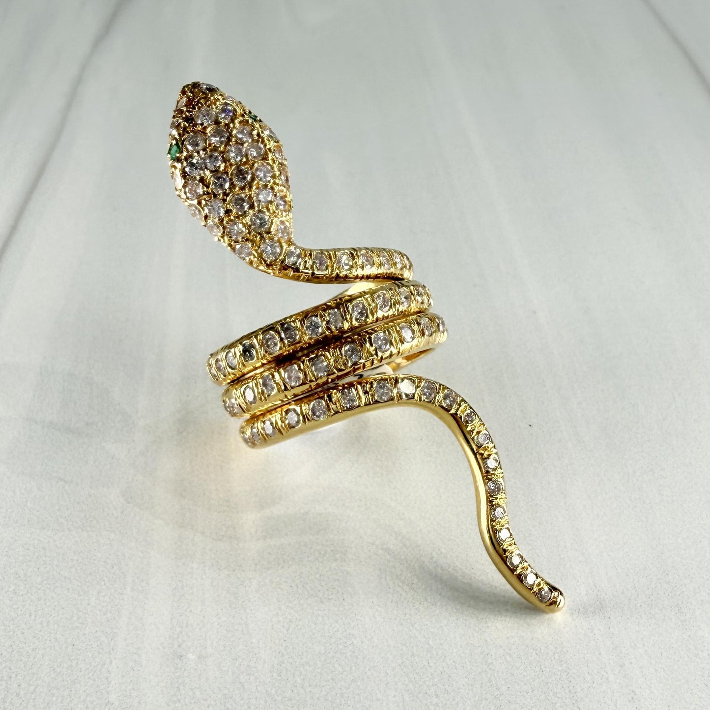 Diamond and Emerald Snake Ring 18k Yellow Gold