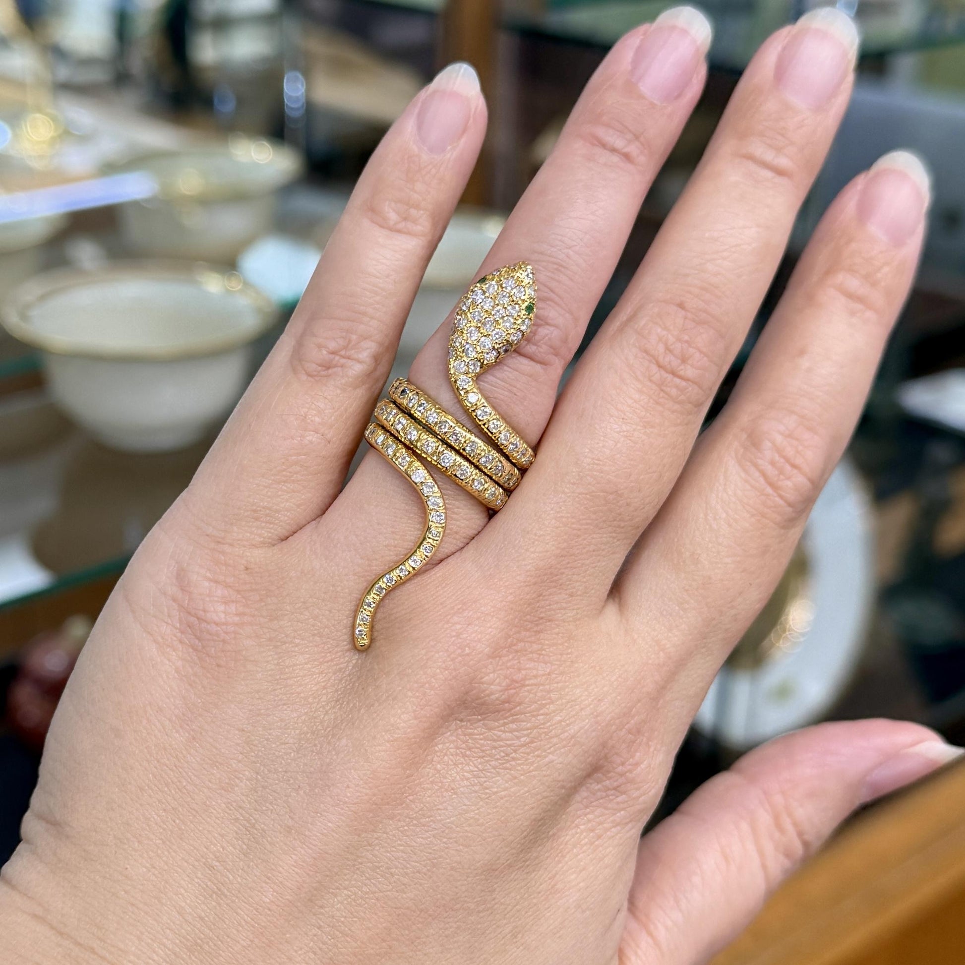 Diamond and Emerald Snake Ring 18k Yellow Gold