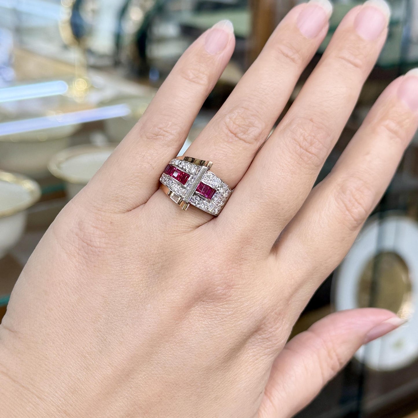1935 Retro Ruby and Transitional Cut Diamond Two Tone Ring 18k/Plat