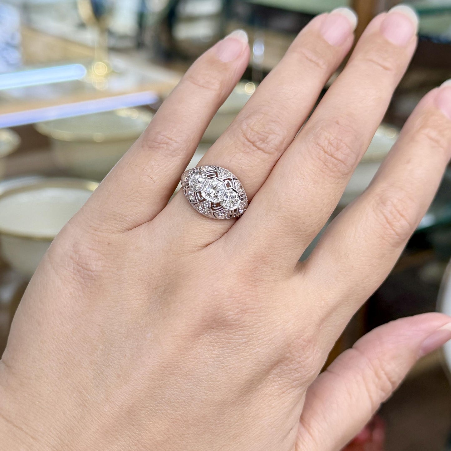Antique 1925 Art Deco Diamond Bombe Ring Platinum