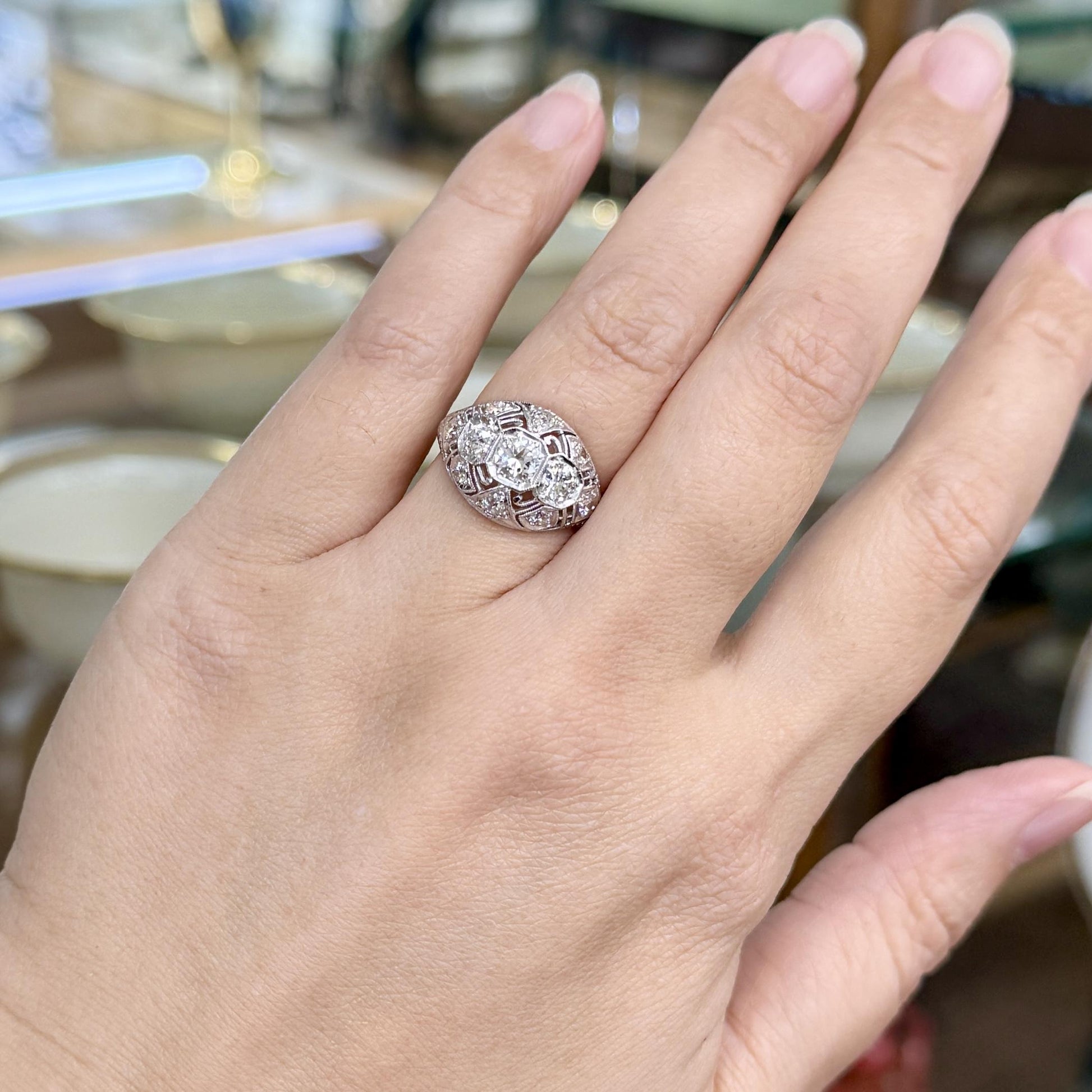 Antique 1925 Art Deco Diamond Bombe Ring Platinum