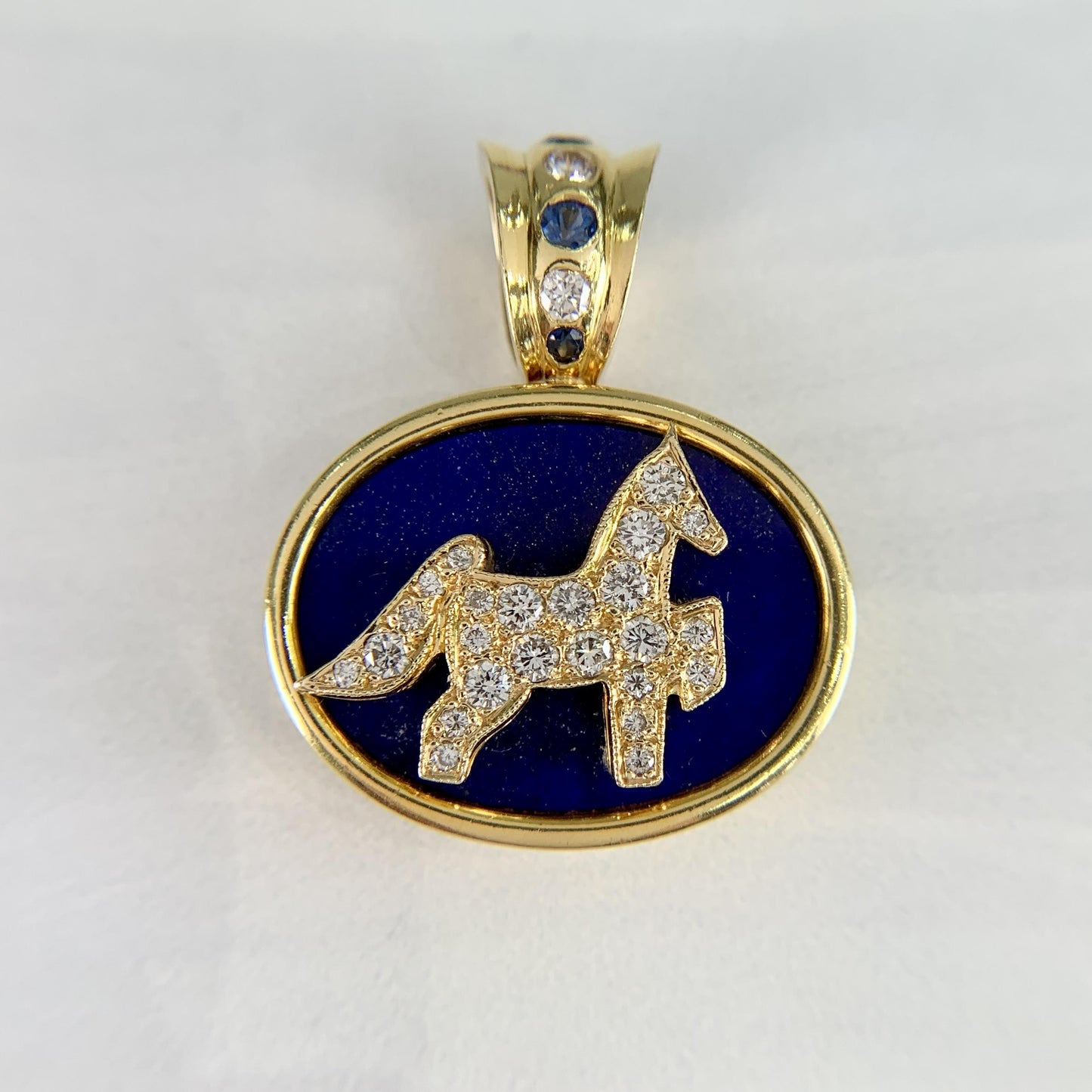 1990's Diamond Sapphire and Lapis Horse Pendant 18k/14k Yellow Gold