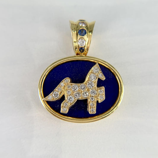 1990's Diamond Sapphire and Lapis Horse Pendant 18k/14k Yellow Gold