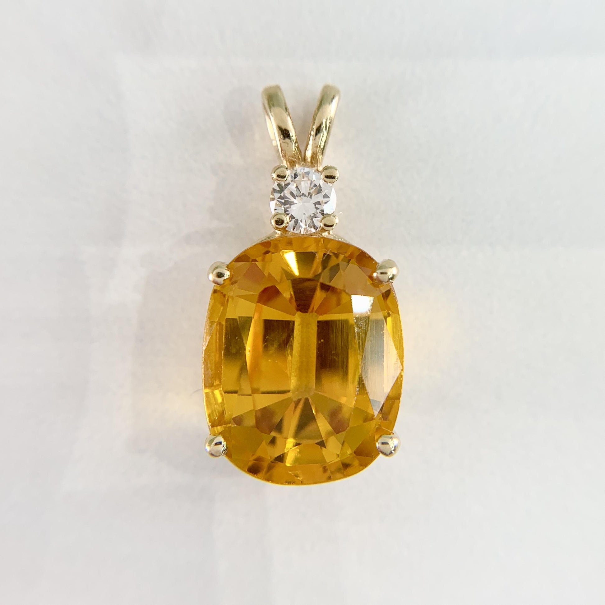Vintage Lab Grown Orange Sapphire and Diamond Pendant 14k Yellow Gold