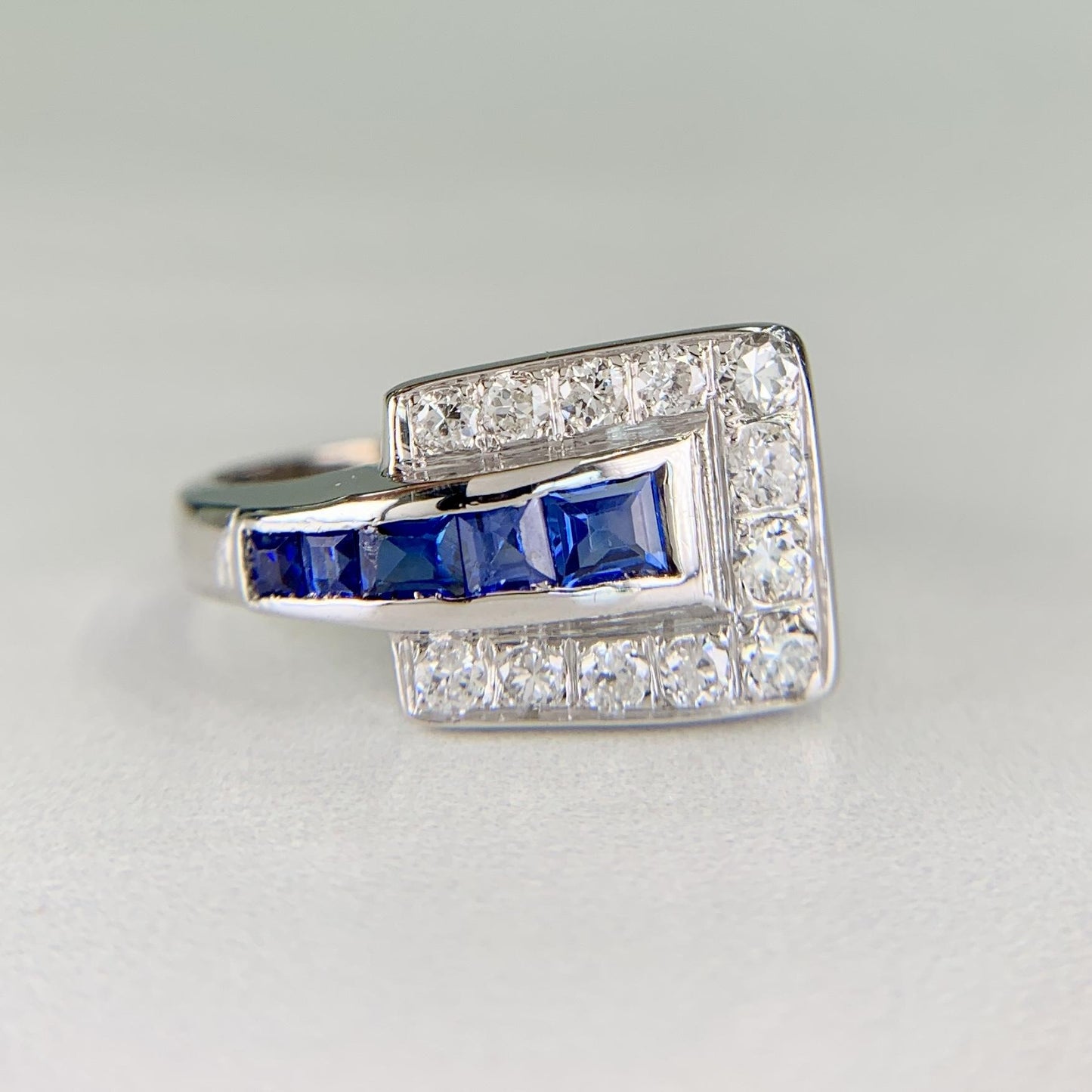 1950's Sapphire and Transitional Diamond Buckle Ring 14k White Gold