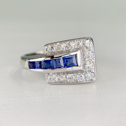 1950's Sapphire and Transitional Diamond Buckle Ring 14k White Gold
