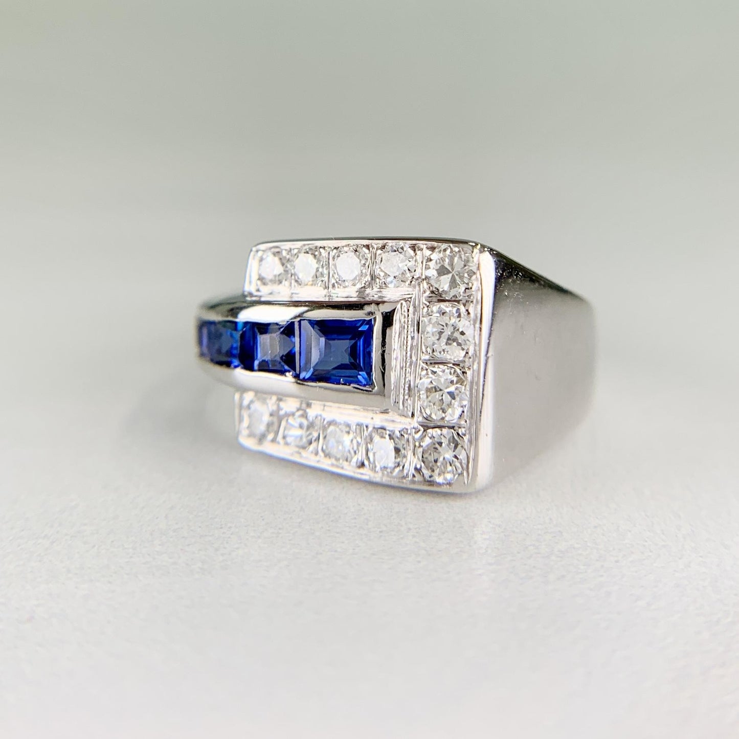 1950's Sapphire and Transitional Diamond Buckle Ring 14k White Gold
