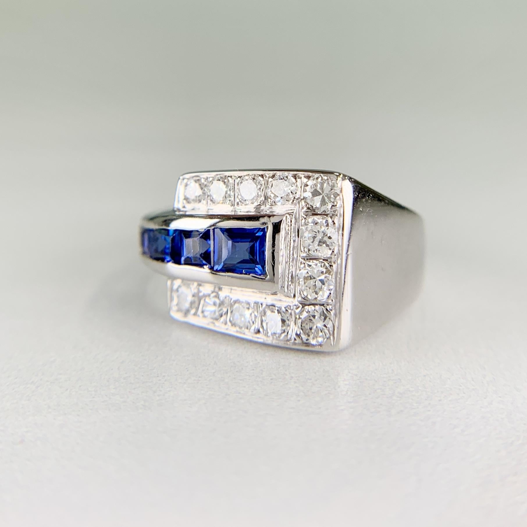 1950's Sapphire and Transitional Diamond Buckle Ring 14k White Gold