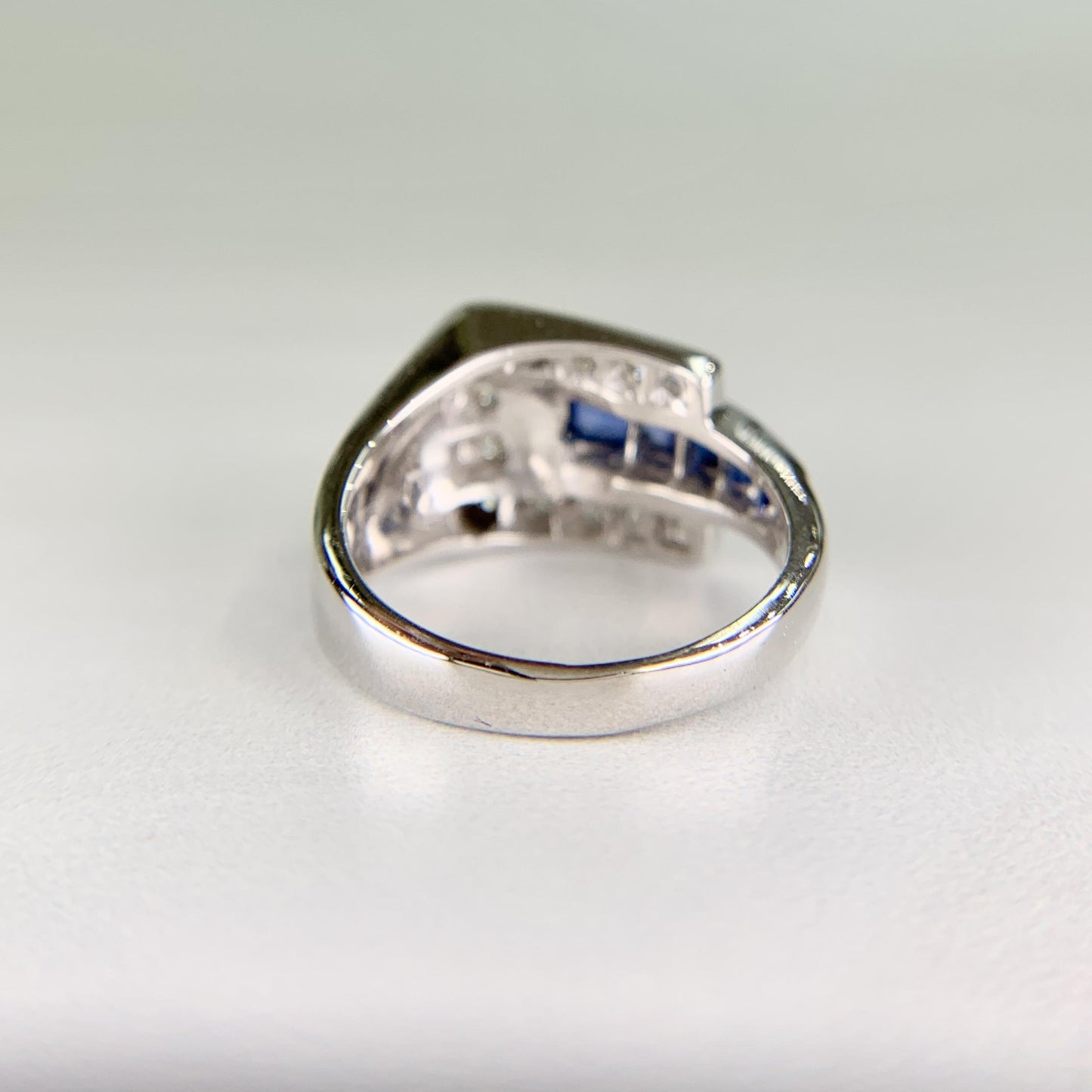 1950's Sapphire and Transitional Diamond Buckle Ring 14k White Gold