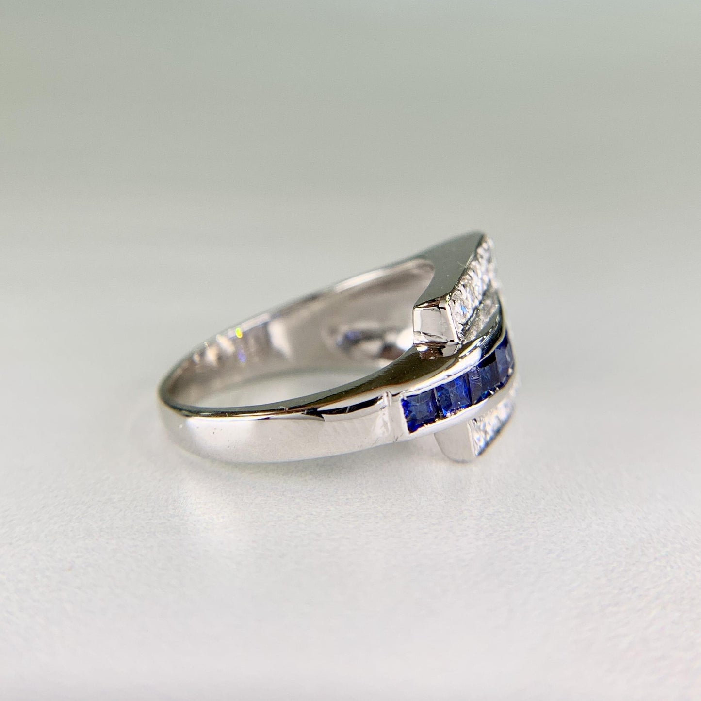 1950's Sapphire and Transitional Diamond Buckle Ring 14k White Gold