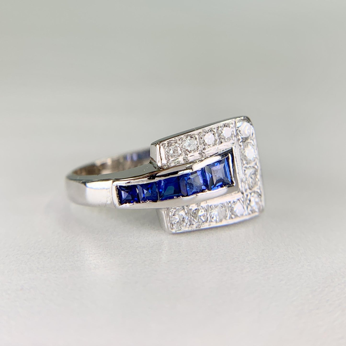 1950's Sapphire and Transitional Diamond Buckle Ring 14k White Gold