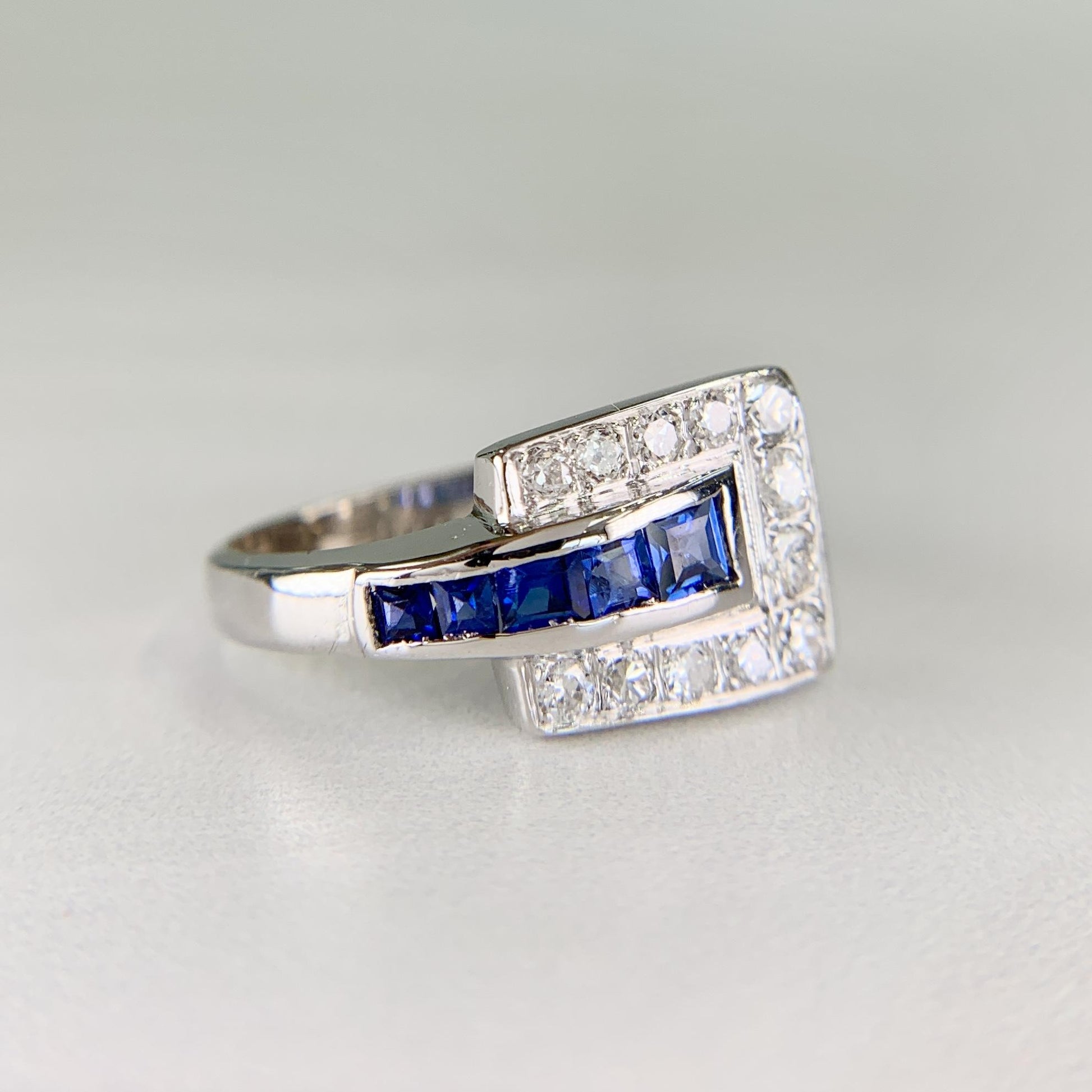 1950's Sapphire and Transitional Diamond Buckle Ring 14k White Gold