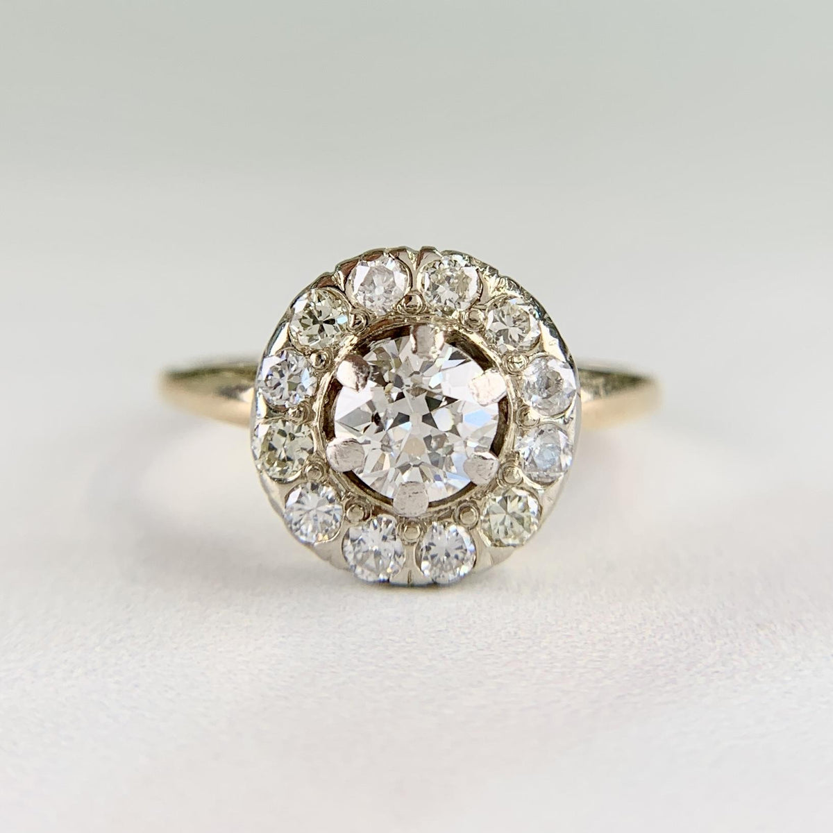Vintage 1940's Old Mine Cut Diamond Halo Ring 14k Gold