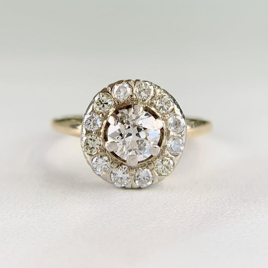 Vintage 1940's Old Mine Cut Diamond Halo Ring 14k Gold
