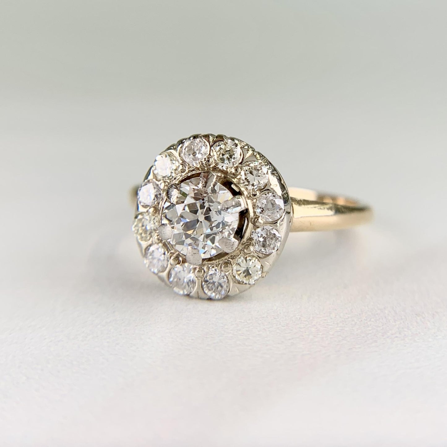 Vintage 1940's Old Mine Cut Diamond Halo Ring 14k Gold