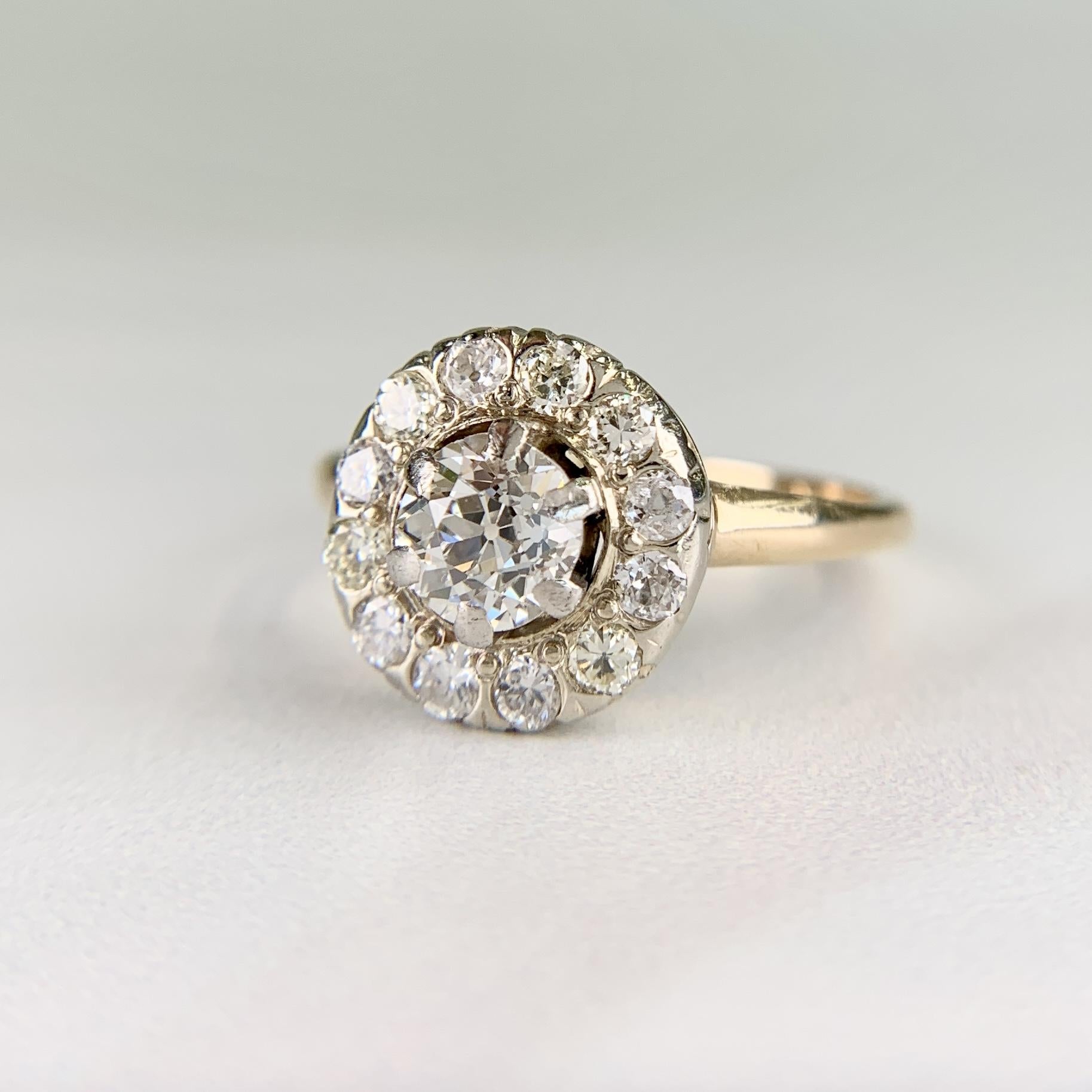 Vintage 1940's Old Mine Cut Diamond Halo Ring 14k Gold