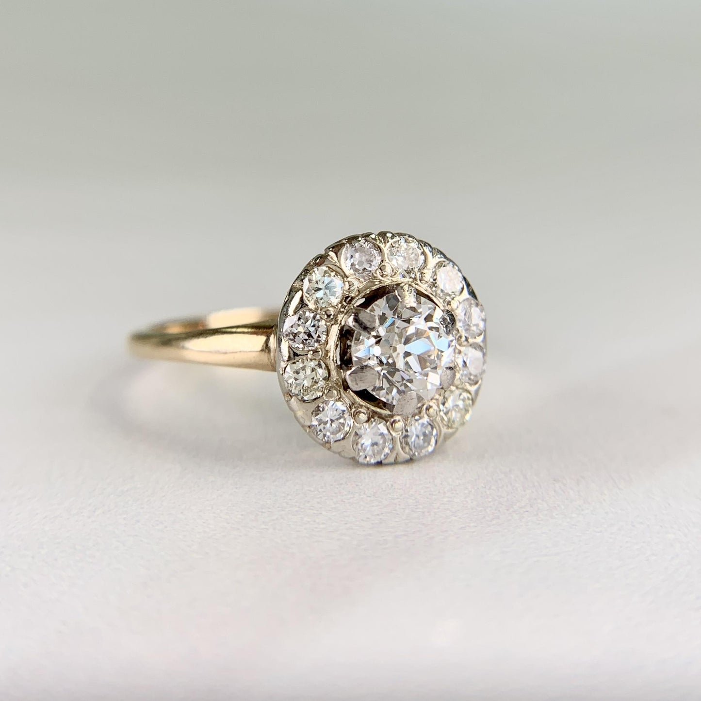 Vintage 1940's Old Mine Cut Diamond Halo Ring 14k Gold