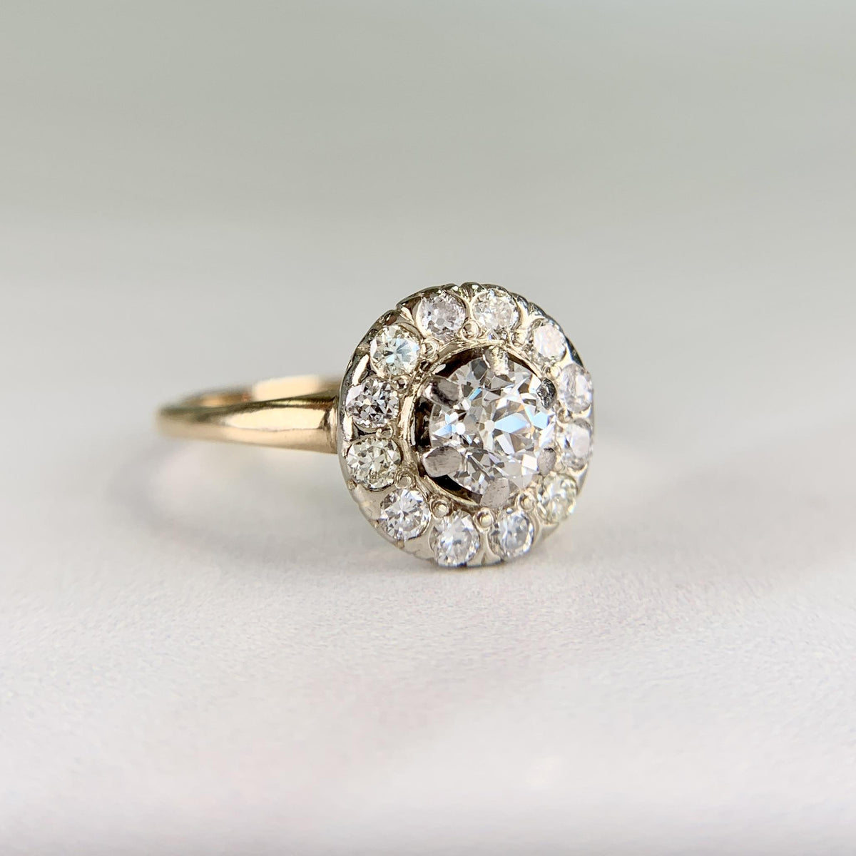 Vintage 1940's Old Mine Cut Diamond Halo Ring 14k Gold