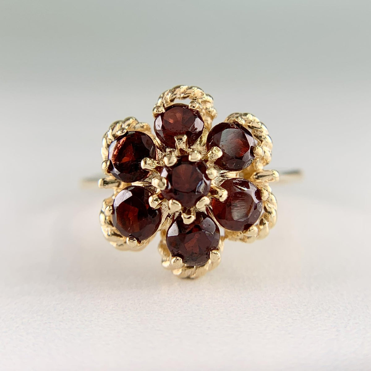 Vintage 1970's Garnet Flower Cluster Ring 14k Yellow Gold