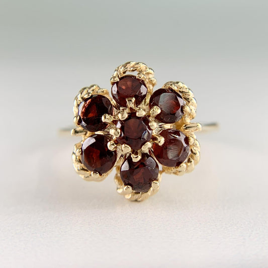 Vintage 1970's Garnet Flower Cluster Ring 14k Yellow Gold