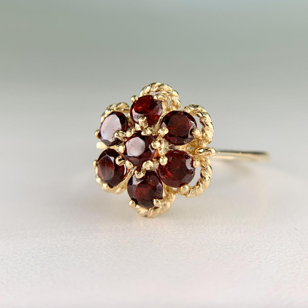 Vintage 1970's Garnet Flower Cluster Ring 14k Yellow Gold