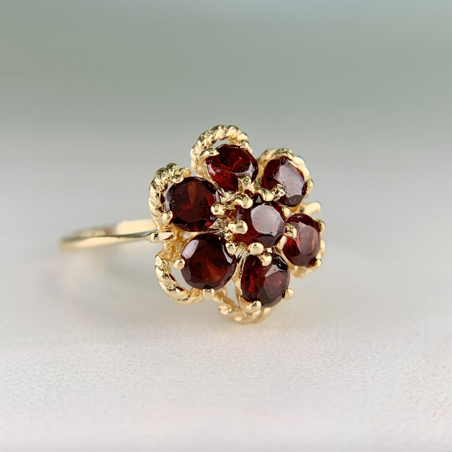 Vintage 1970's Garnet Flower Cluster Ring 14k Yellow Gold