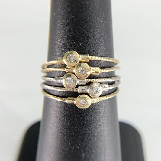 Set of 5 Twisted Cable Rings with Diamonds 14k Gold