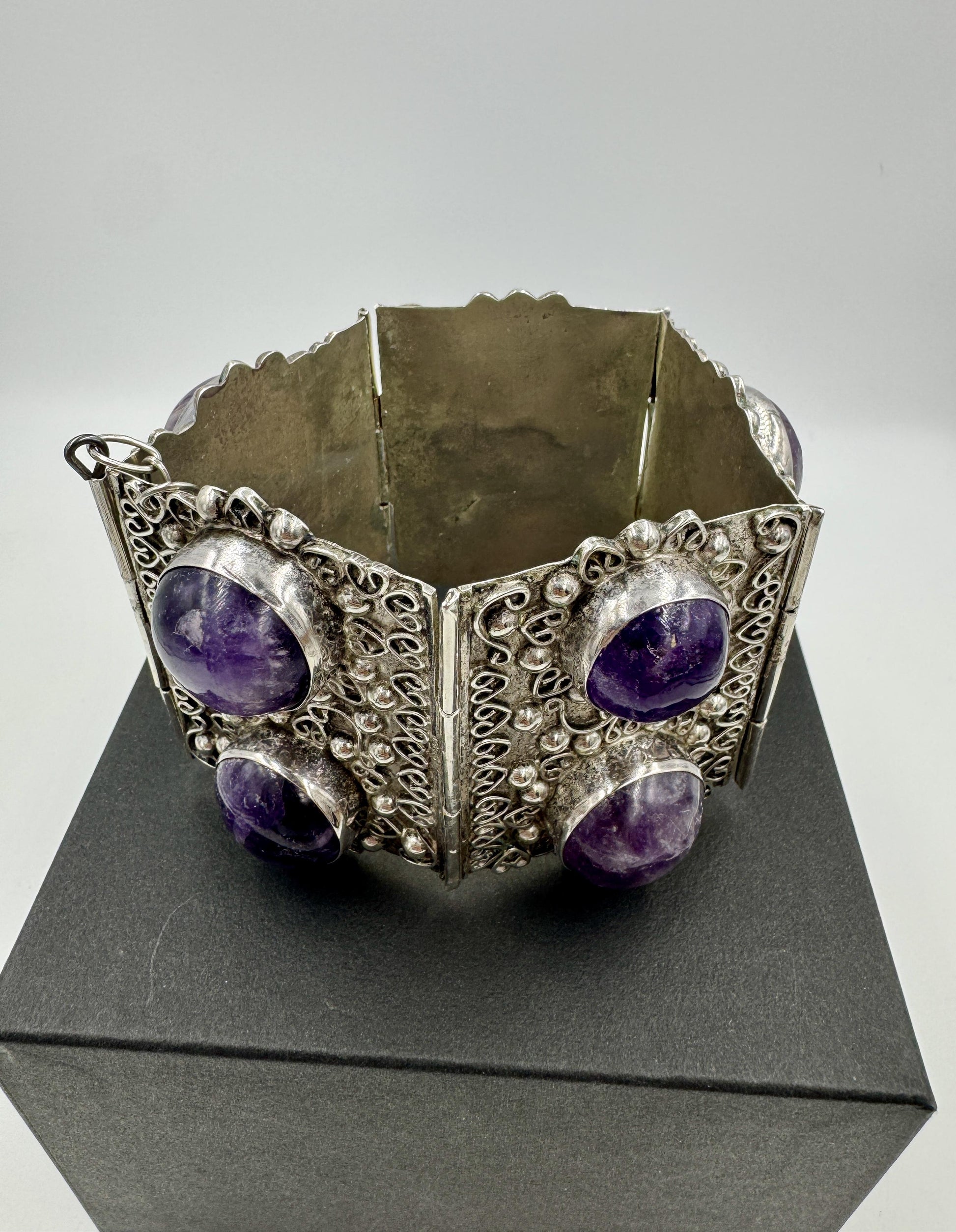 Huge Retro Mexico Sterling Silver Amethyst Panel Bracelet