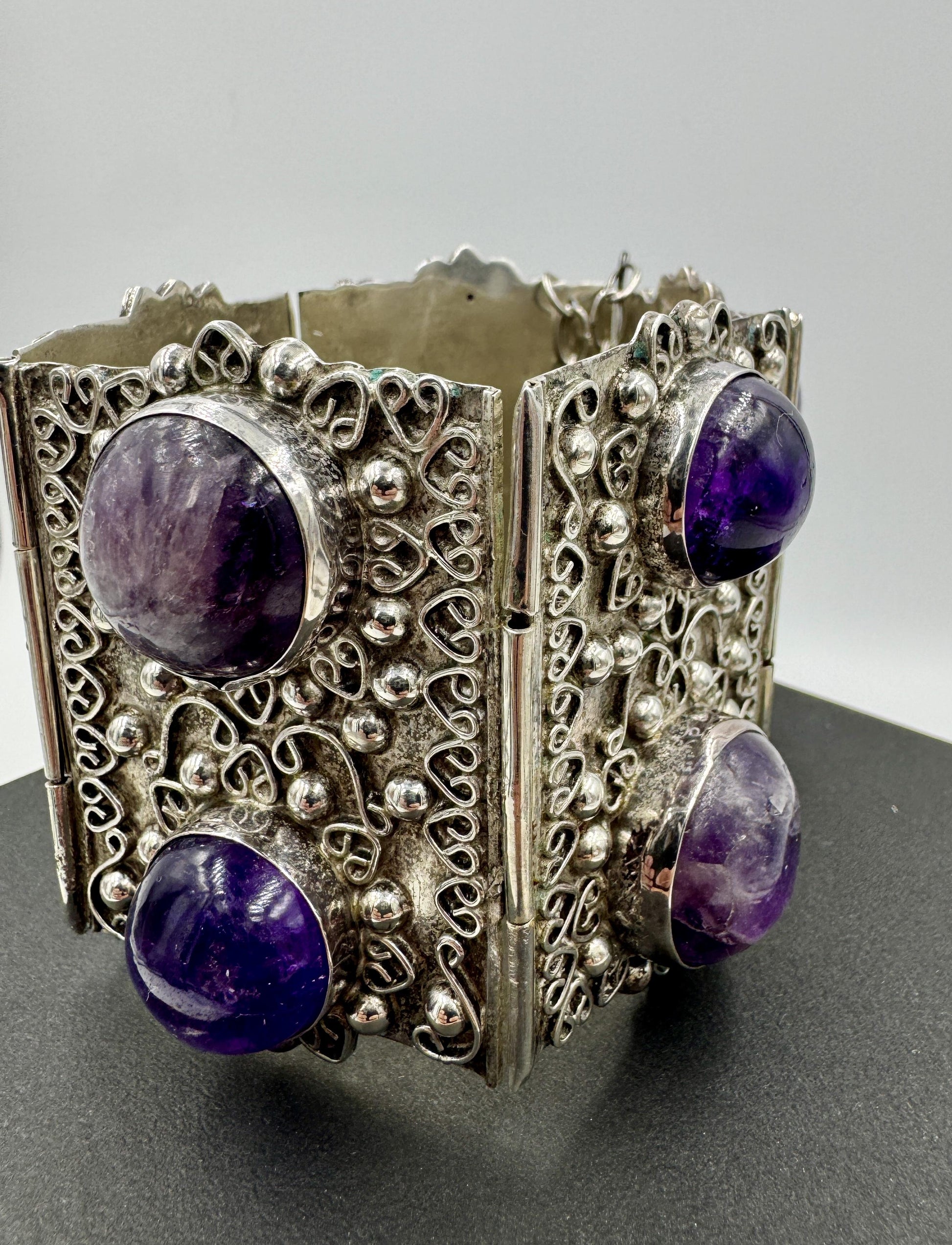 Huge Retro Mexico Sterling Silver Amethyst Panel Bracelet