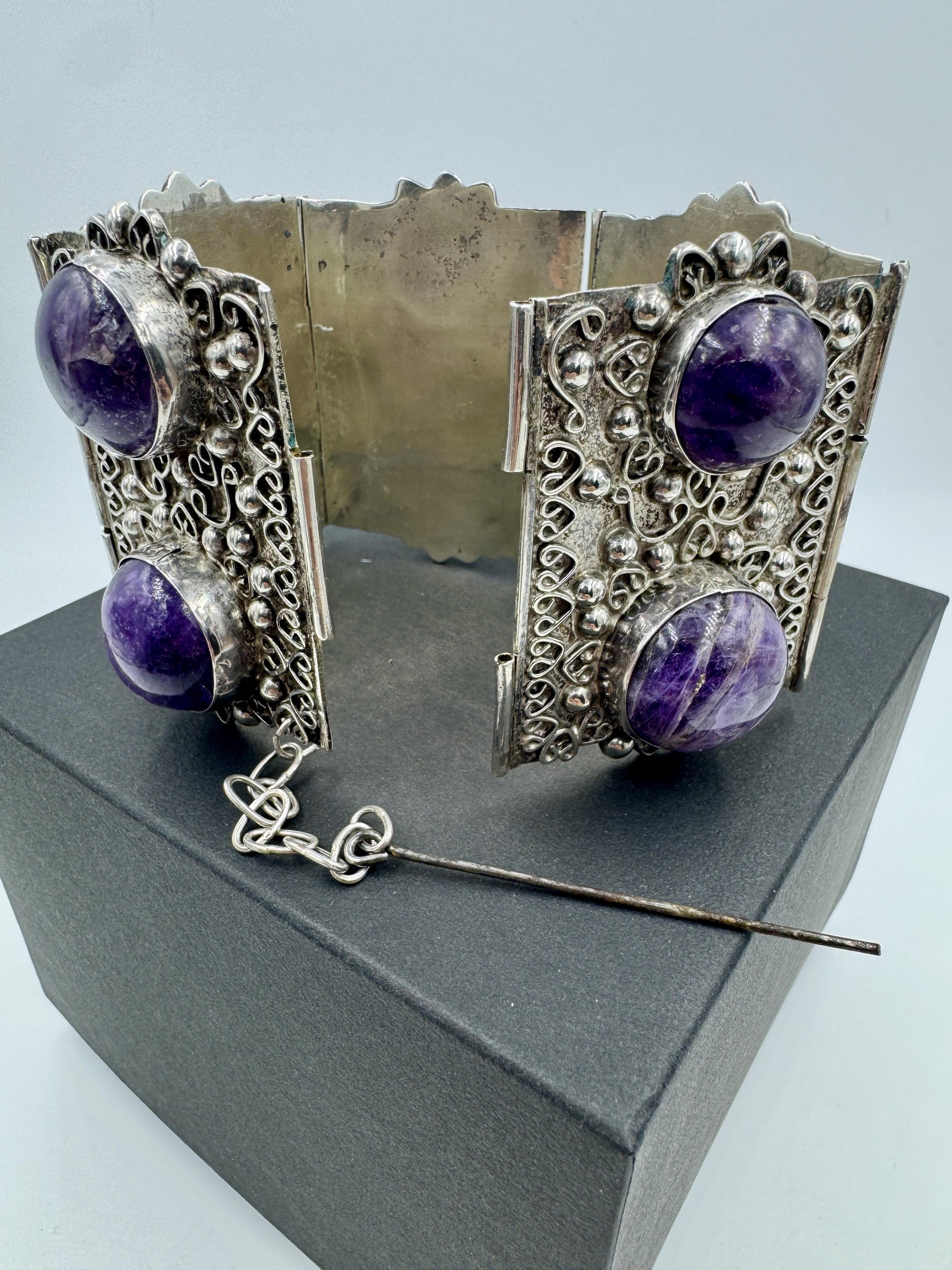 Huge Retro Mexico Sterling Silver Amethyst Panel Bracelet
