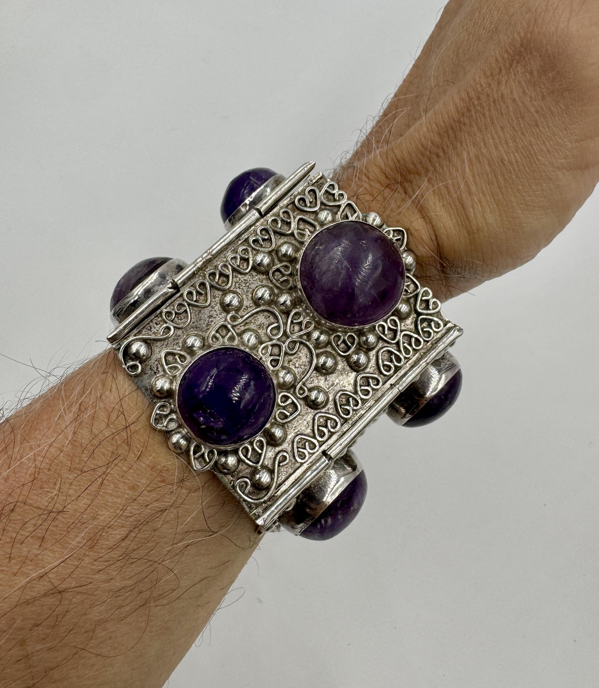 Huge Retro Mexico Sterling Silver Amethyst Panel Bracelet