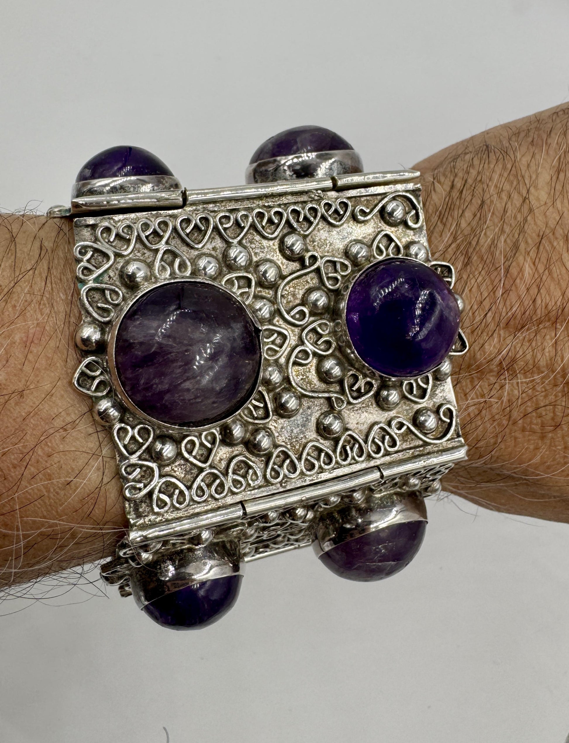 Huge Retro Mexico Sterling Silver Amethyst Panel Bracelet