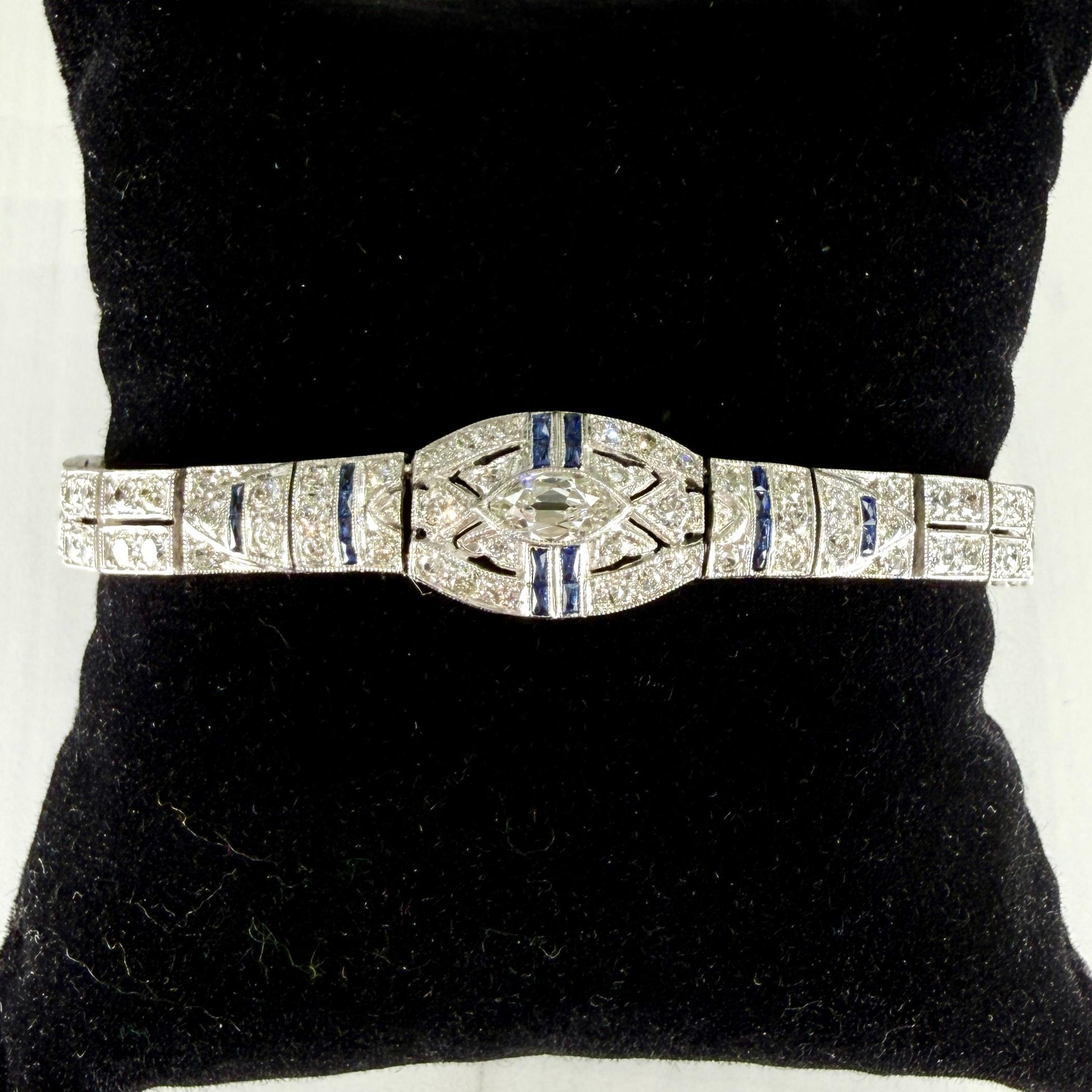 Antique 1925 Art Deco Sapphire and Old Cut Diamond Bracelet Platinum