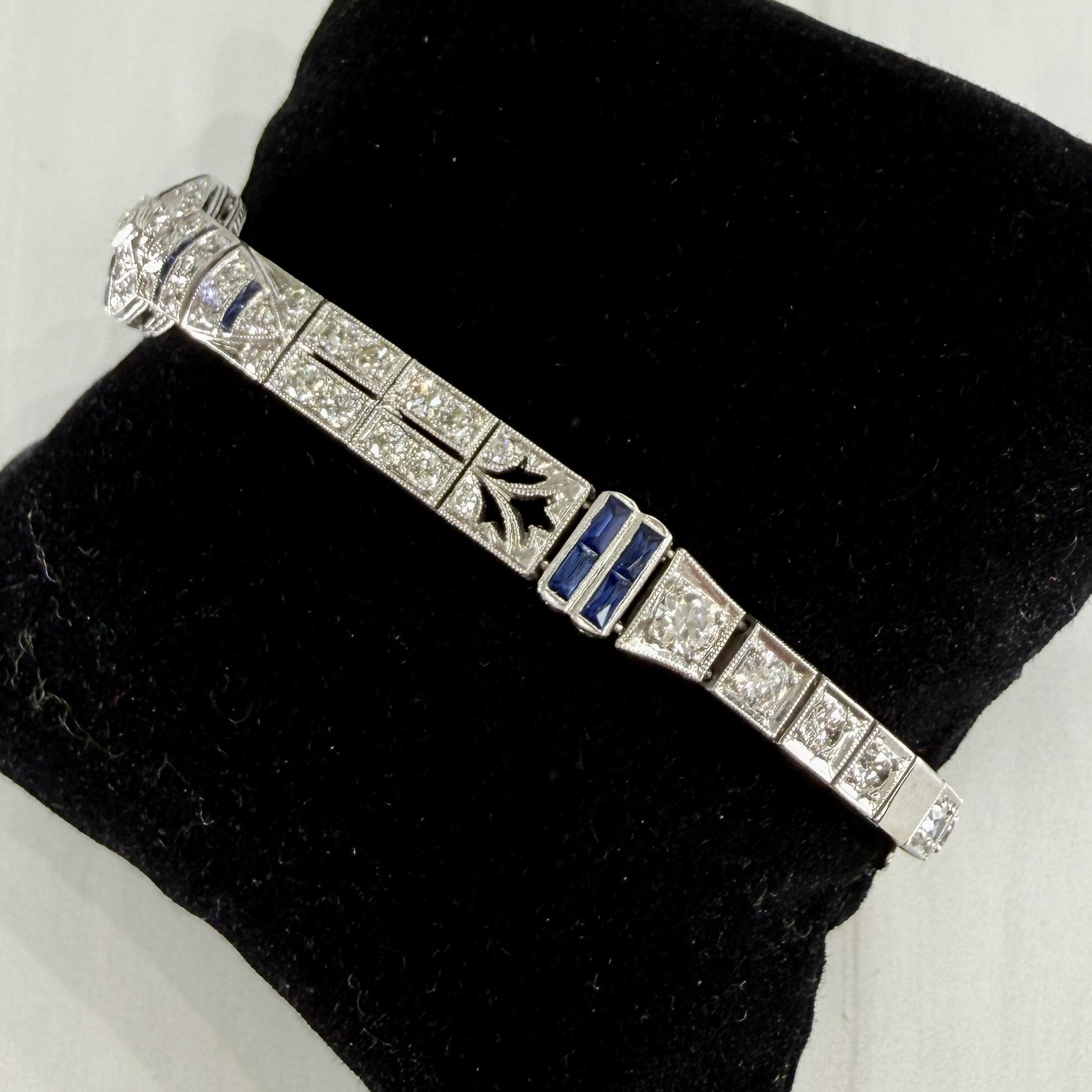 Antique 1925 Art Deco Sapphire and Old Cut Diamond Bracelet Platinum