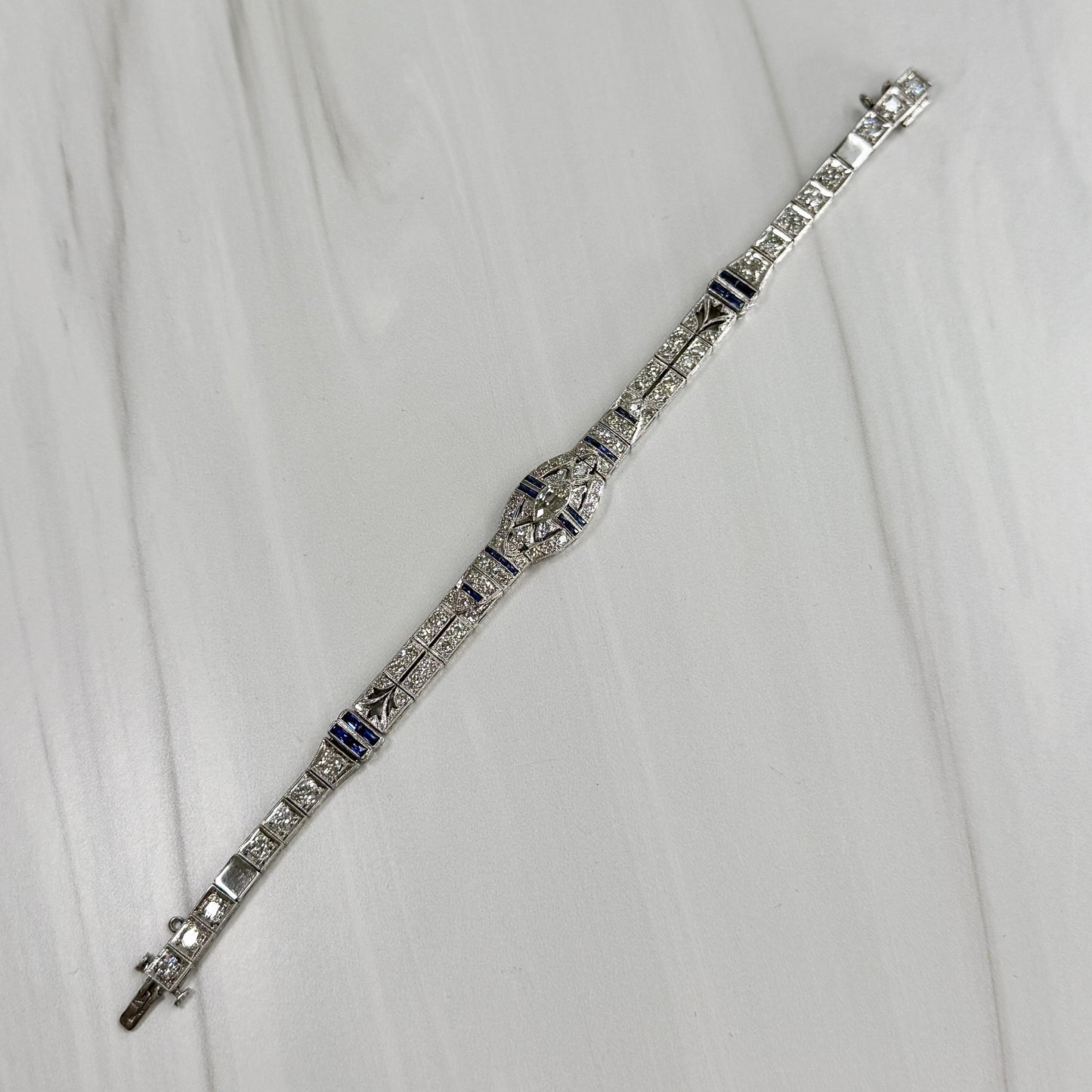 Antique 1925 Art Deco Sapphire and Old Cut Diamond Bracelet Platinum