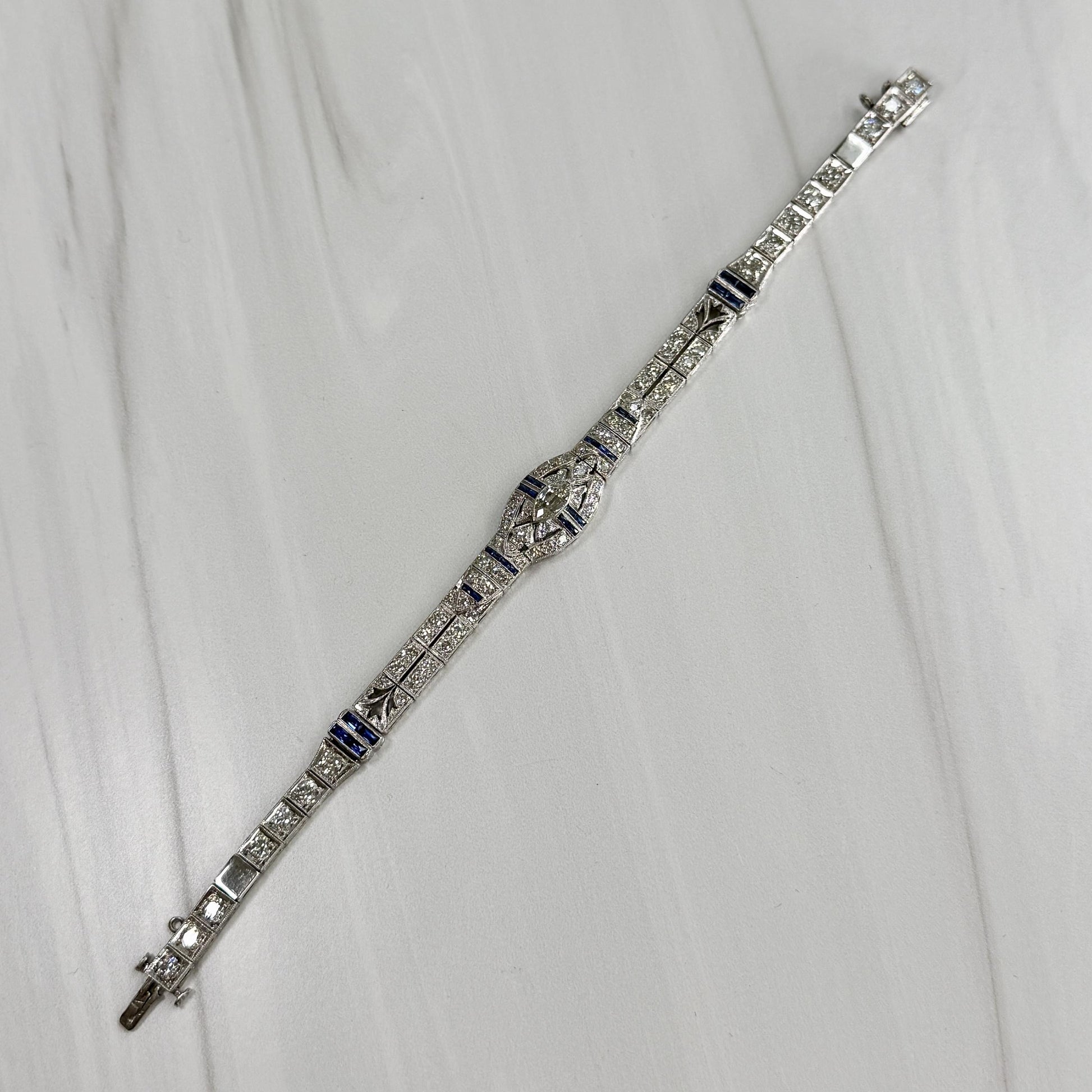 Antique 1925 Art Deco Sapphire and Old Cut Diamond Bracelet Platinum