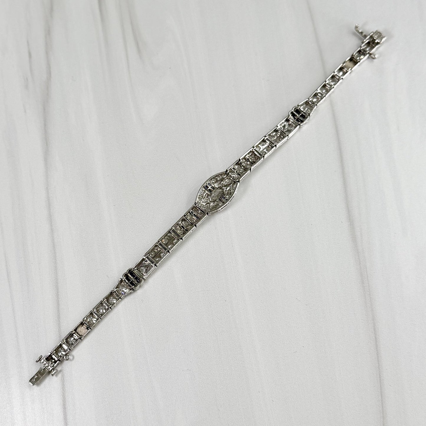 Antique 1925 Art Deco Sapphire and Old Cut Diamond Bracelet Platinum
