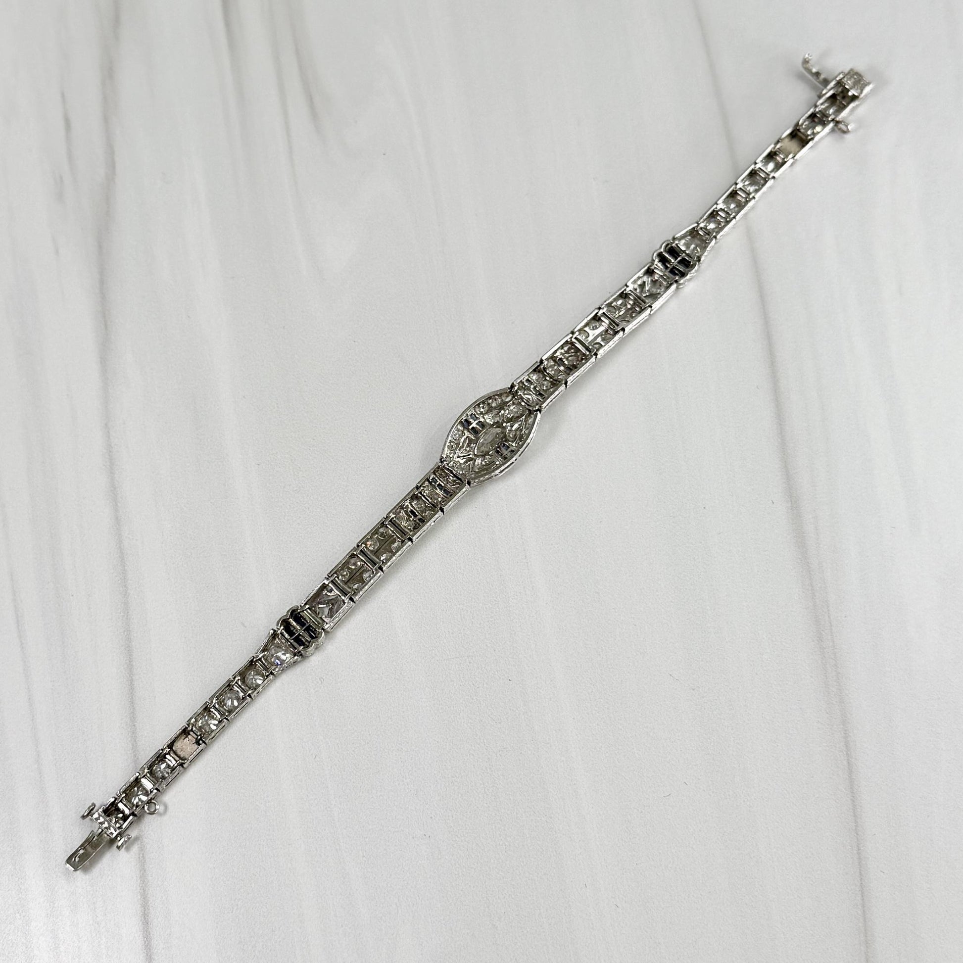 Antique 1925 Art Deco Sapphire and Old Cut Diamond Bracelet Platinum