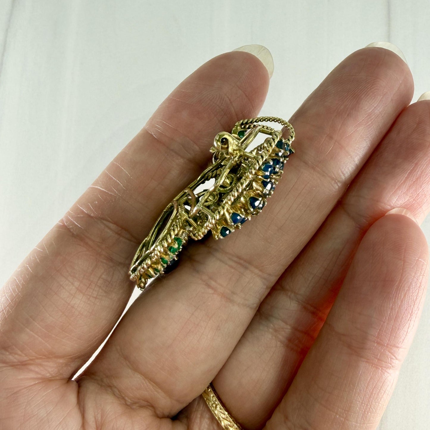 Vintage 1960's Diamond Emerald and Ruby Butterfly Brooch 14k Yellow Gold
