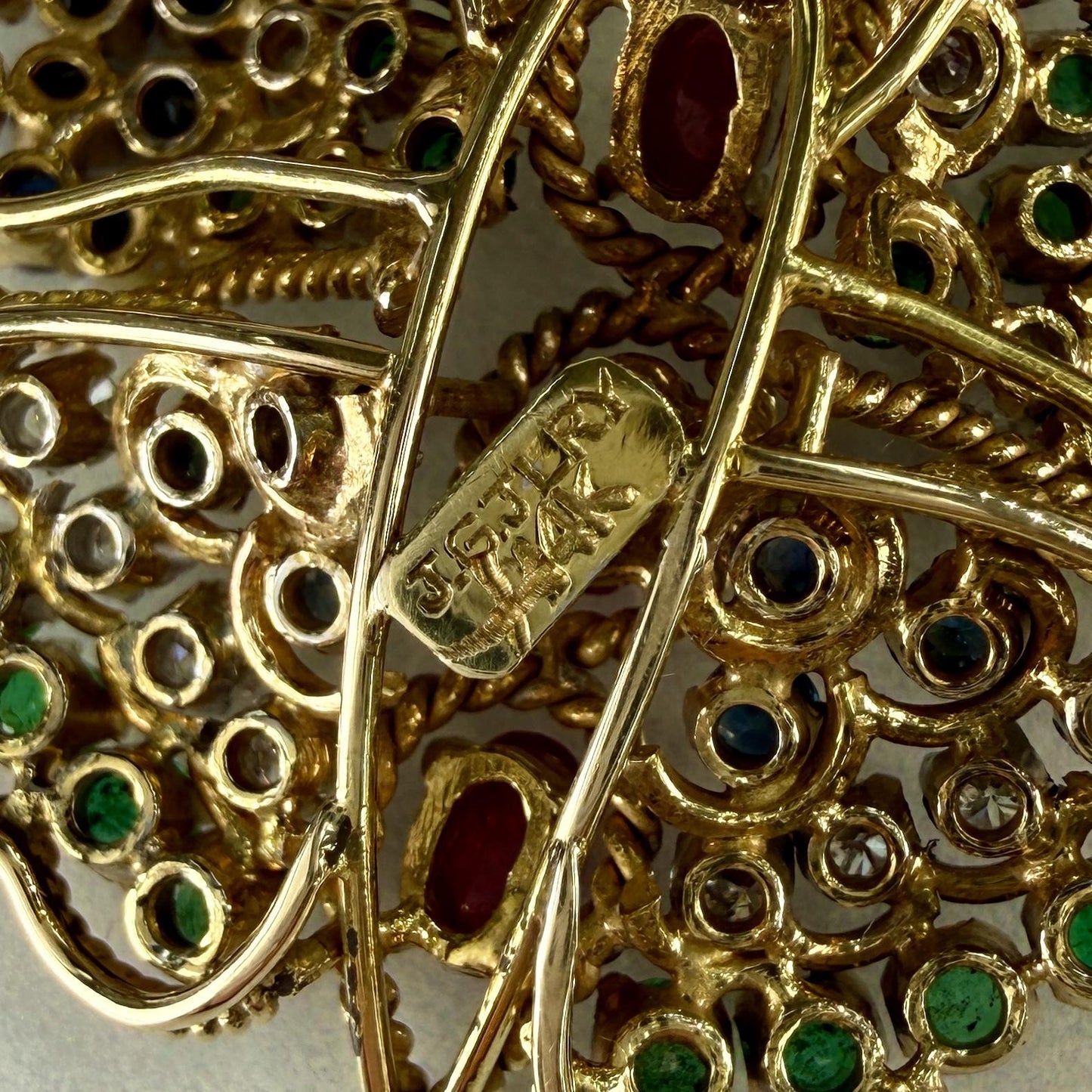 Vintage 1960's Diamond Emerald and Ruby Butterfly Brooch 14k Yellow Gold
