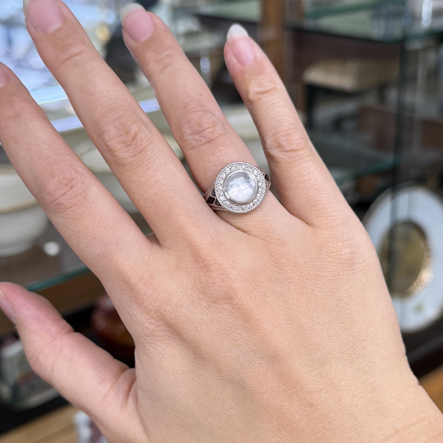 White Topaz Cabochon and Sapphire Diamond Ring 18k White Gold