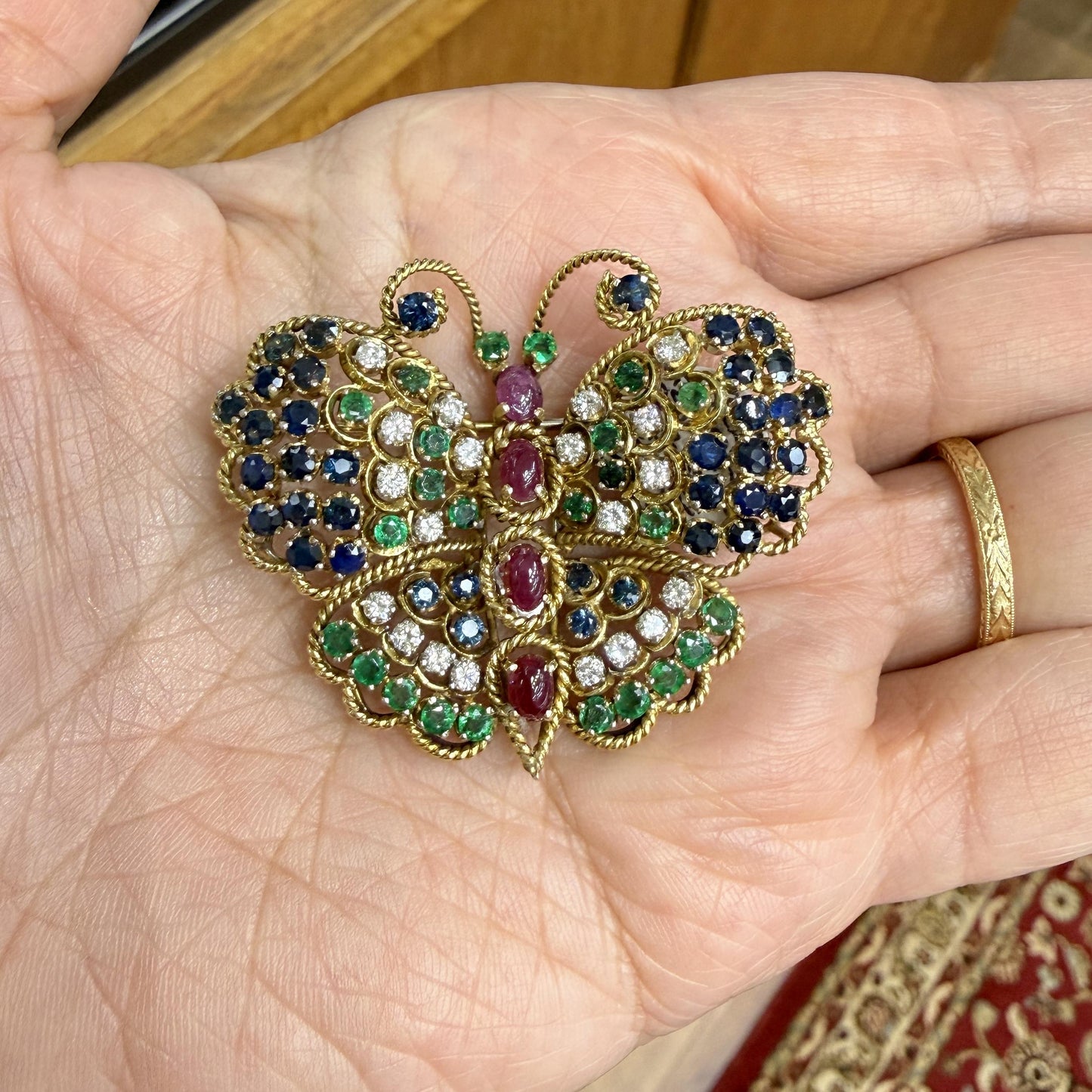 Vintage 1960's Diamond Emerald and Ruby Butterfly Brooch 14k Yellow Gold