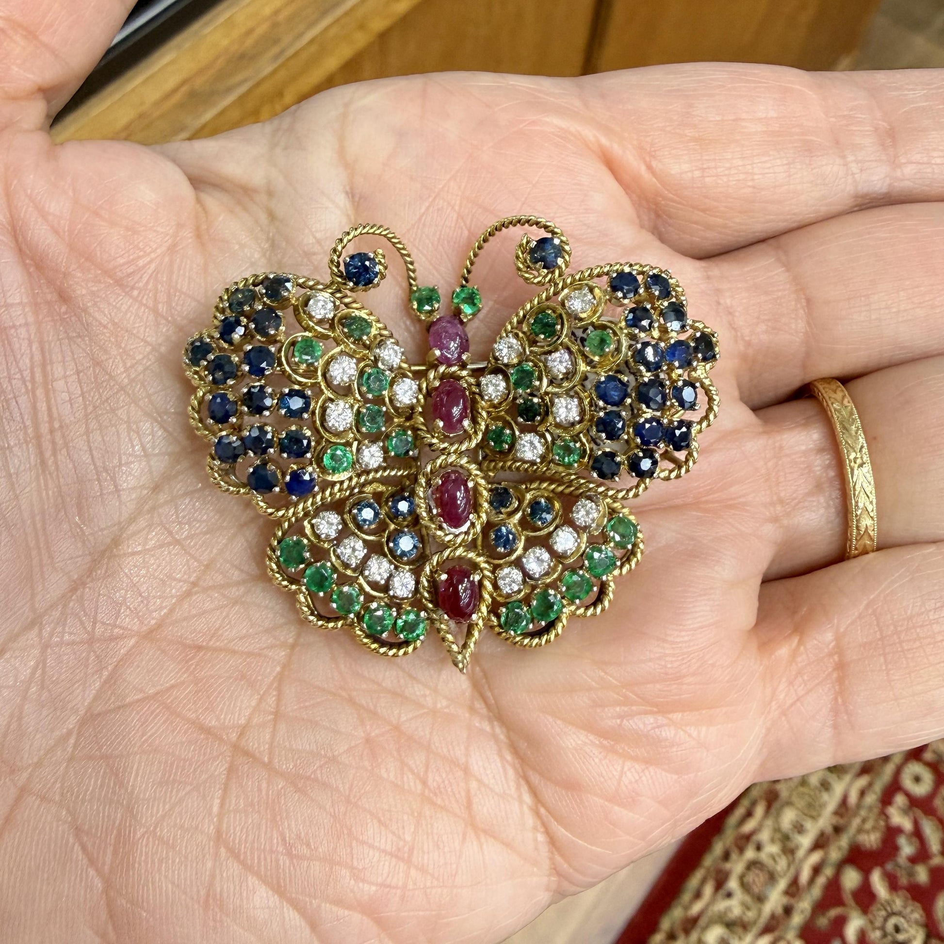 Vintage 1960's Diamond Emerald and Ruby Butterfly Brooch 14k Yellow Gold